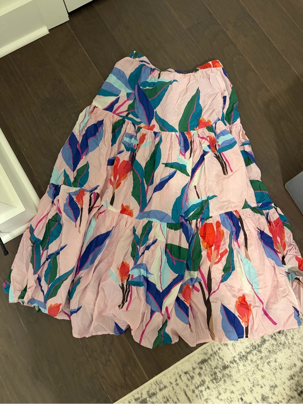 Oliphant Pink Floral Tiered Maxi Skirt with Multicolor Leaves
